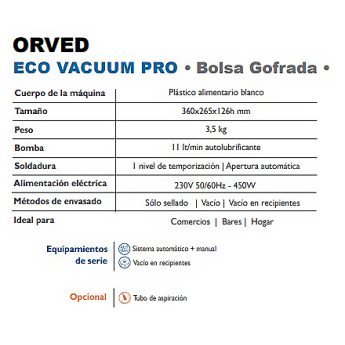 Envasadora al vacío Orved Eco Vacuum Pro - Especificaciones
